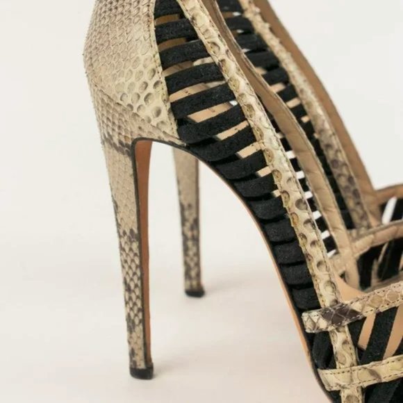 Alexandre Birman Betty Black Suede and Natural Python Peep-Toe Platform Pumps - Picture 6 of 7